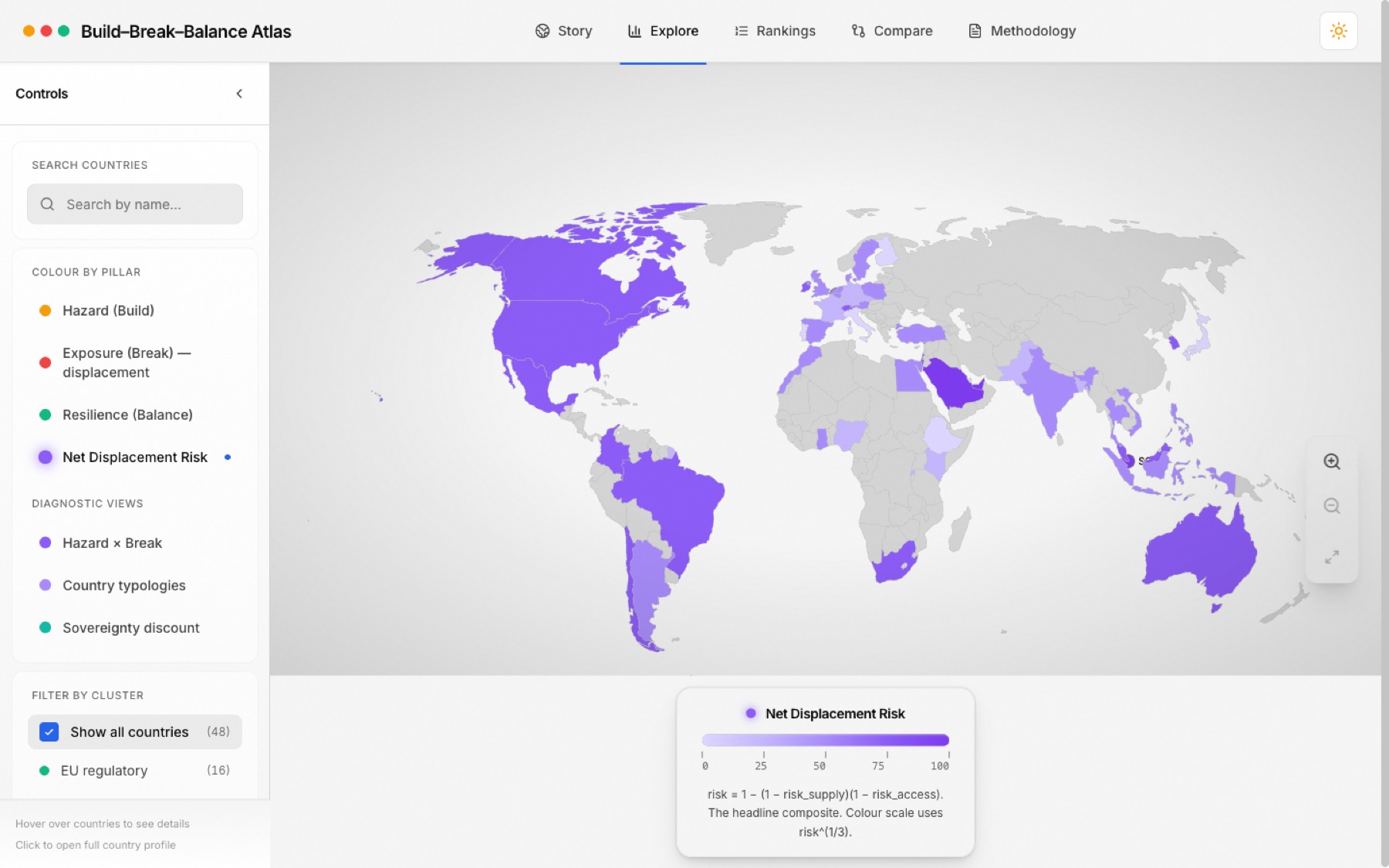 The Build-Break-Balance atlas, a world map coloured by AI displacement risk